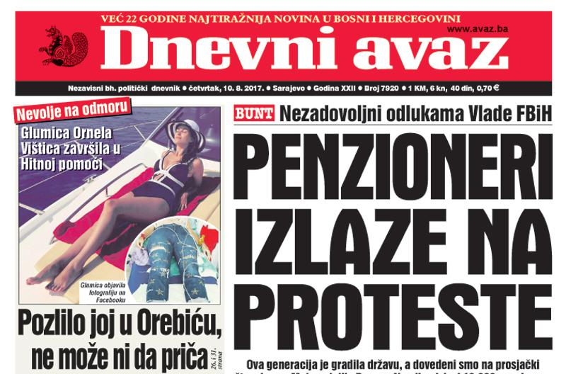 Danas u „Dnevnom Avazu“ čitajte - Penzioneri izlaze na proteste