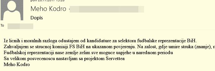 Kodrin e-mail koji je došao na našu adresu - Avaz