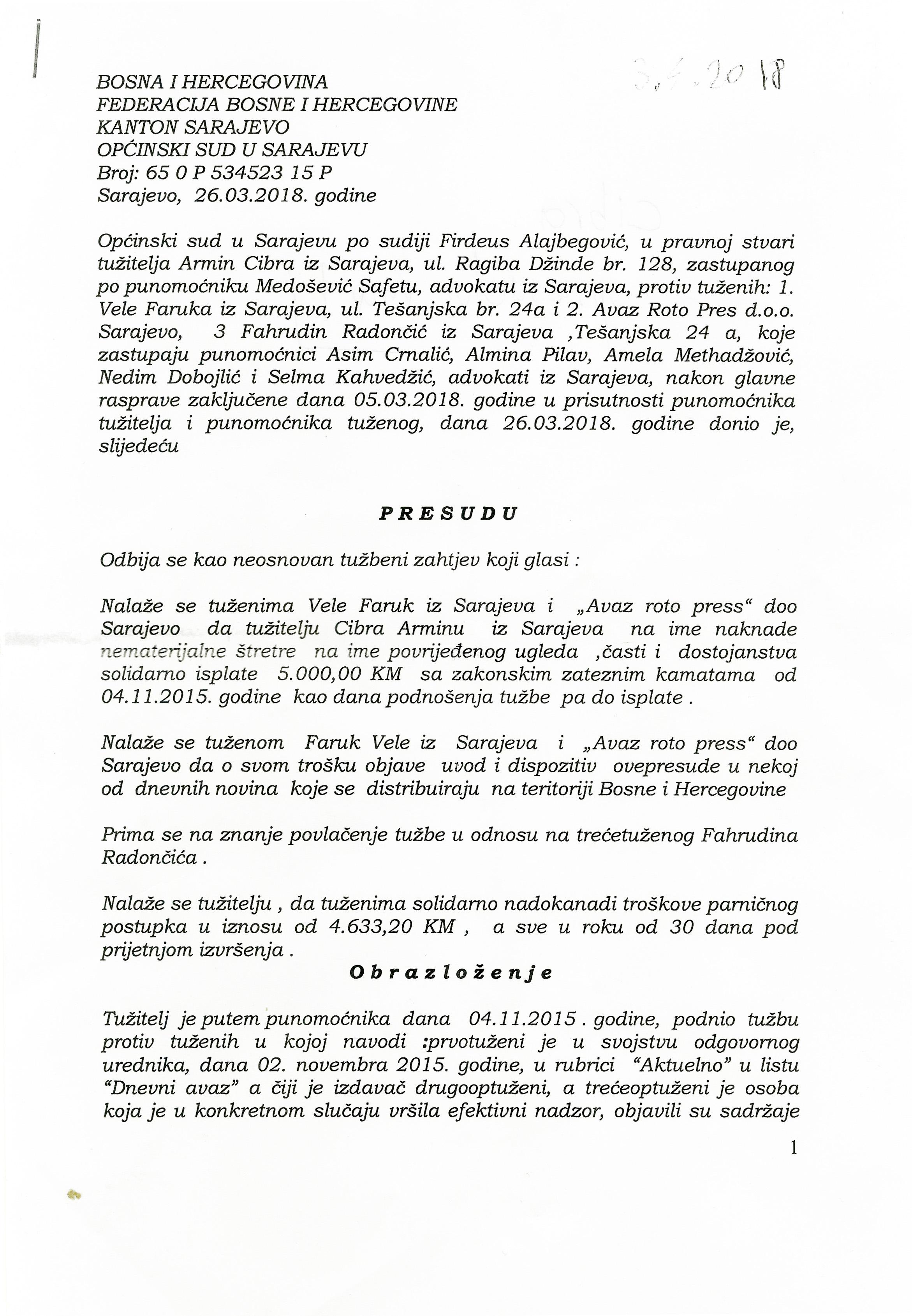 Faksimil presude Općinskog suda u Sarajevu od 26. marta: Odbija se kao neosnovan tužbeni zahtjev - Avaz