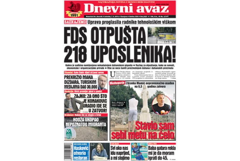 Danas u "Dnevnom avazu" čitajte: FDS otpušta 218 uposlenika!