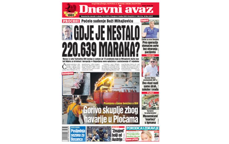 Danas u "Dnevnom avazu" čitajte: Gdje je nestalo 220.639 maraka?