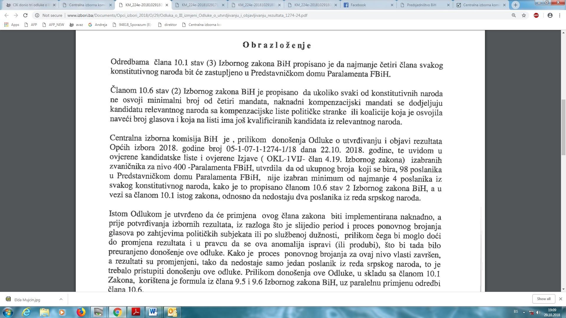 Faksimil sinoćnje odluke CIK-a: Navode da su 22. oktobra utvrdili da nedostaju dva poslanika iz reda srpskog naroda - Avaz
