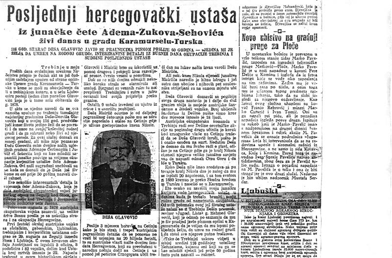 Tekst u „Jugoslovenskom listu“ iz 1938. godine od Deši Glavoviću - Avaz