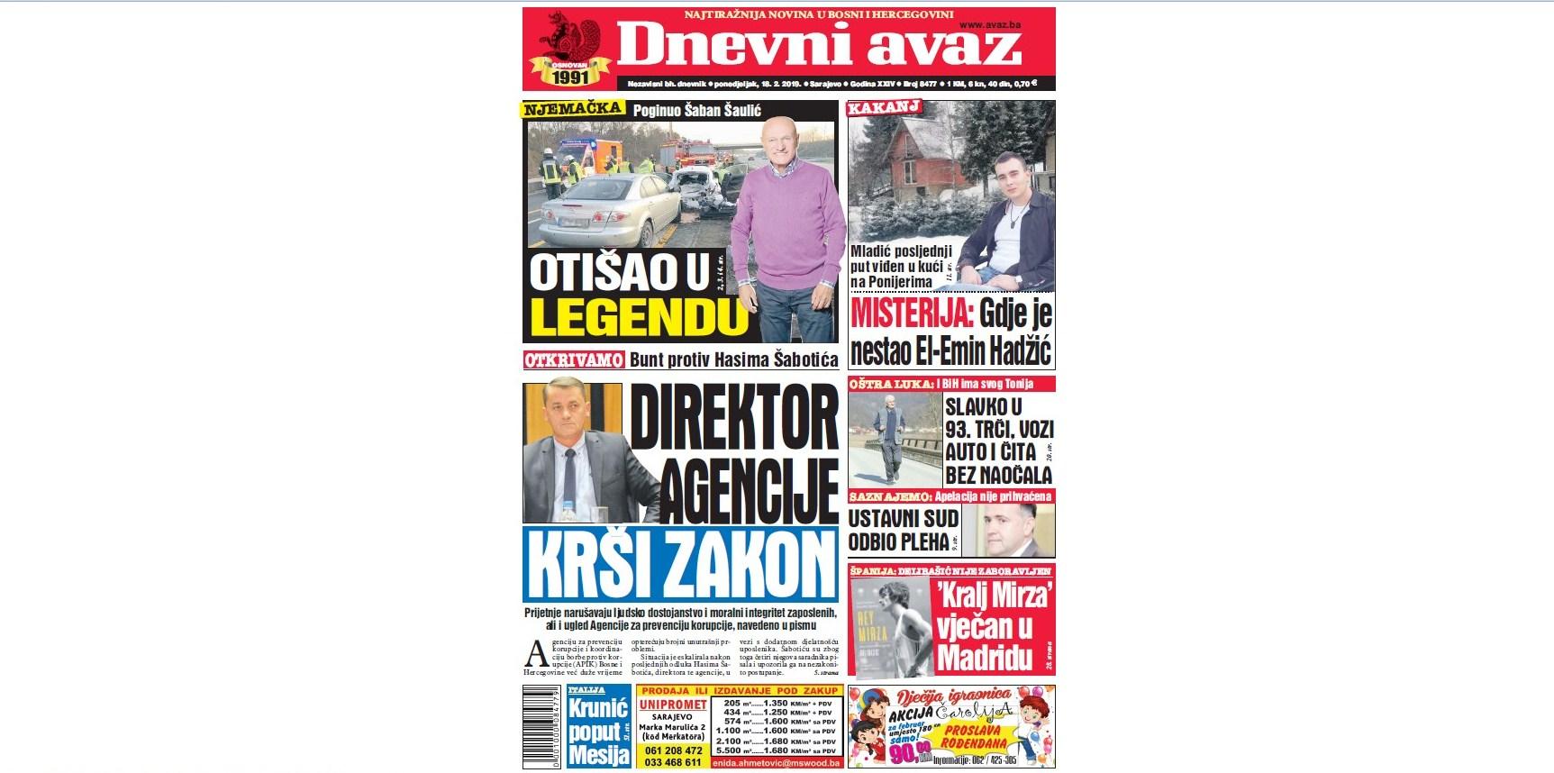 Danas u "Dnevnom avazu" čitajte: Direktor Agencije krši zakon