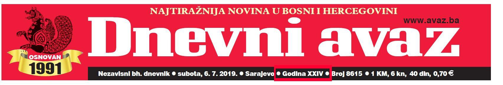 Logo naslovne strane "Dnevnog avaza": Jasno piše da je godina osnivanja „Avaza“ 1991., a godina izlaženja dnevne novine XXIV (24) - Avaz