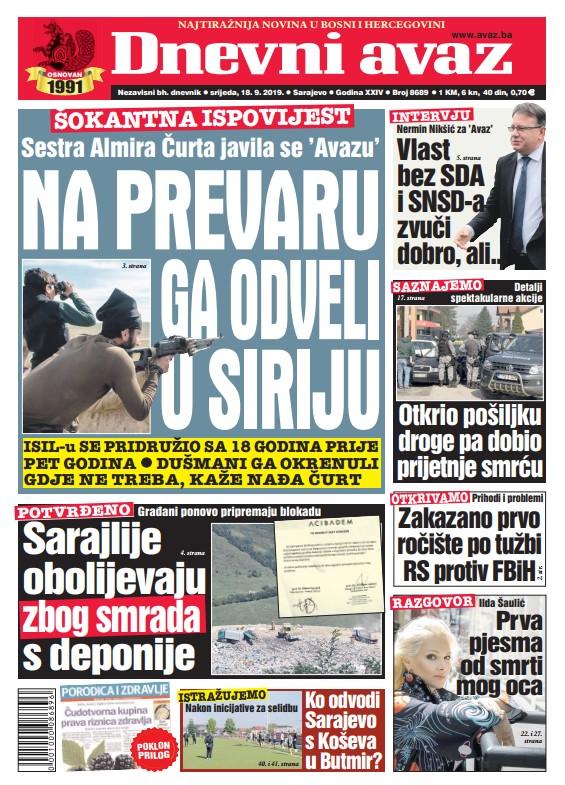 Naslovna strana "Dnevnog avaza" - Avaz