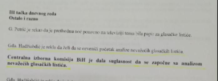 Faksimil dijela zapisnika sa sjednice CIK-a: Data saglasnost na analizu - Avaz