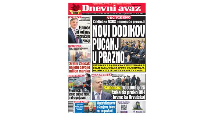 Danas u "Dnevnom avazu" čitajte: Novi Dodikov pucanj u prazno