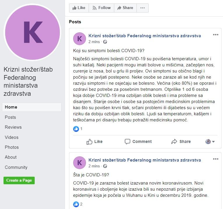 Zvanični profil na Facebooku je "Krizni štab/stožer Federalnog ministarstva zdravstva" - Avaz