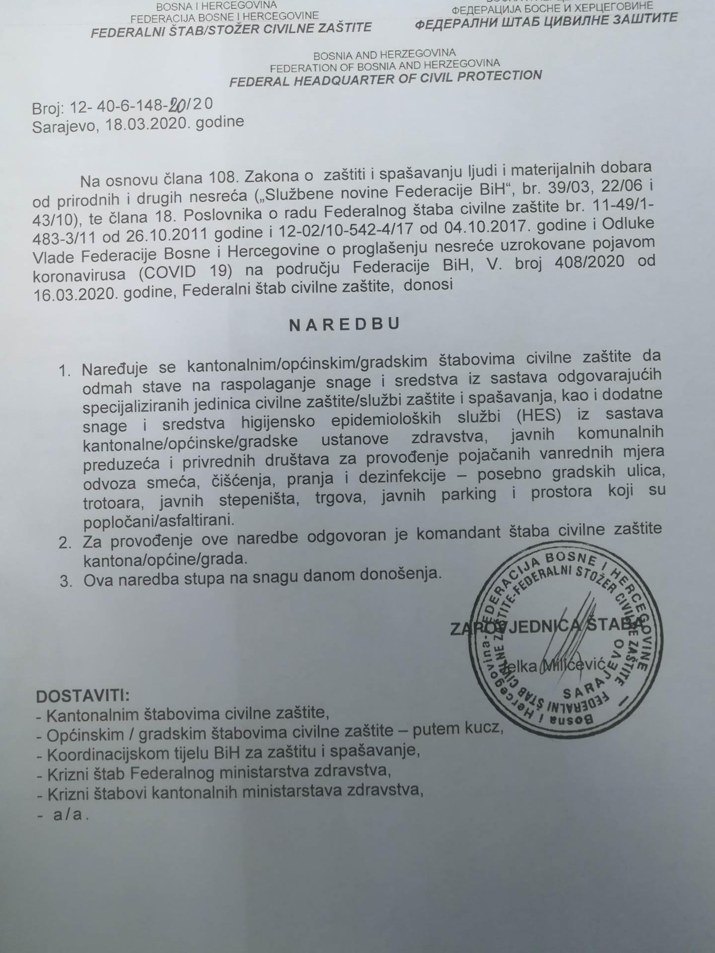 Naredba Federalnog štaba civilne zaštite - Avaz