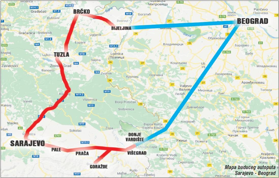 Mapa budućeg autoputa Sarajevo - Beograd - Avaz