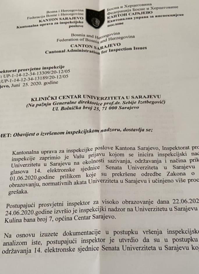 Faksimil obavijesti Kantonalne uprave za inspekcijske poslove - Avaz