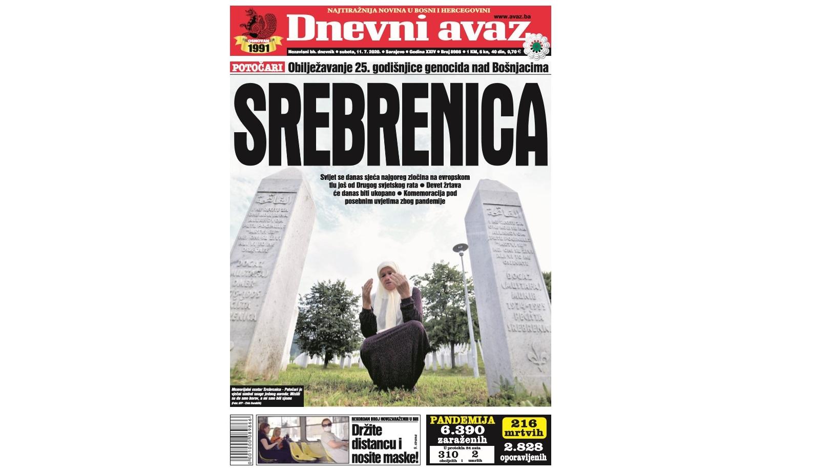 Danas u "Dnevnom avazu" čitajte: Obilježavanje 25. godišnjice genocida u Srebrenici