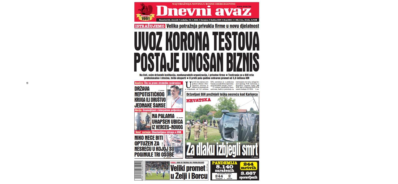 Danas u "Dnevnom avazu" čitajte: Uvoz korona testova postaje unosan biznis