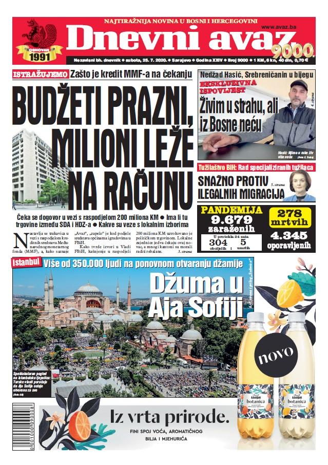 Današnja naslovna strana "Dnevnog avaza" - Avaz