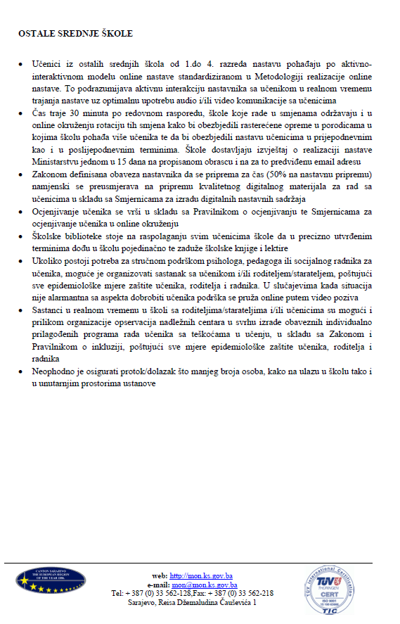Uputstvo o organizaciji i realizaciji odgojno-obrazovnog rada u osnovnim i srednjim školama na području KS u školskoj 2020/2021. godini - Avaz