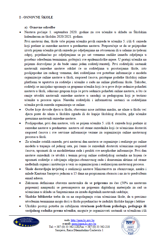 Uputstvo o organizaciji i realizaciji odgojno-obrazovnog rada u osnovnim i srednjim školama na području KS u školskoj 2020/2021. godini - Avaz