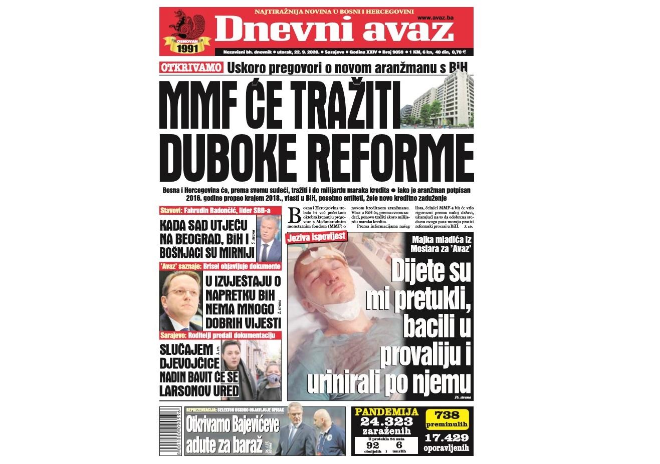 Danas u "Dnevnom avazu" čitajte: MMF će tražiti duboke reforme