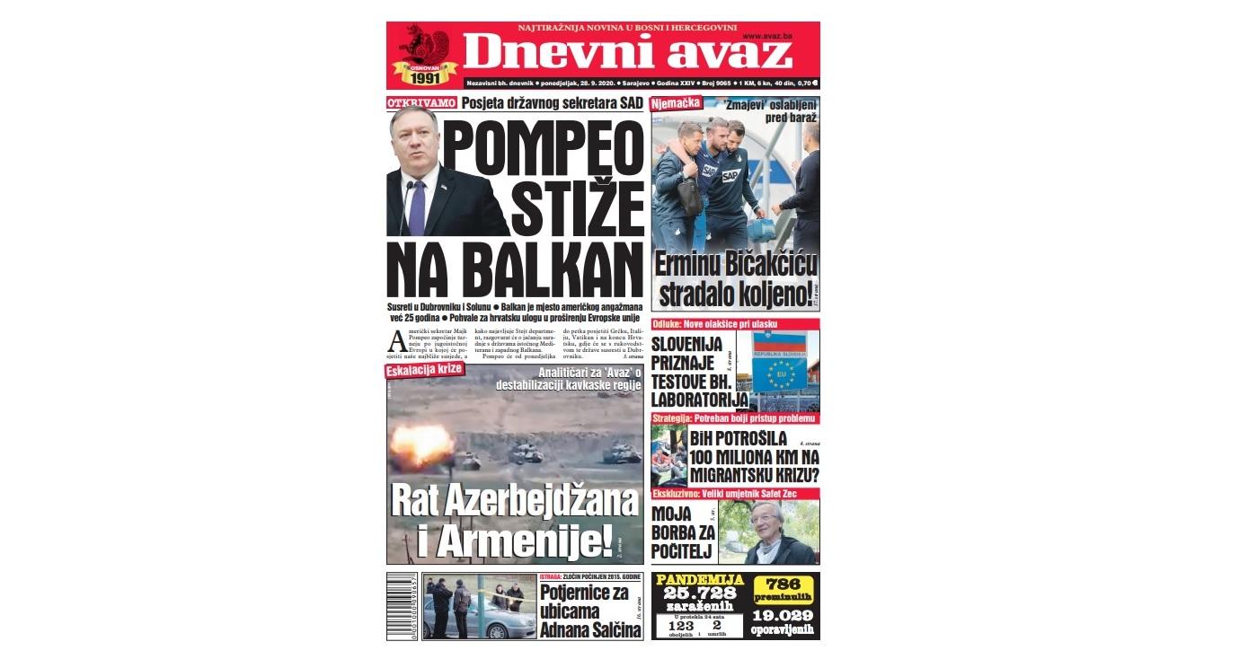 Današnja naslovna strana "Dnevnog avaza" - Avaz