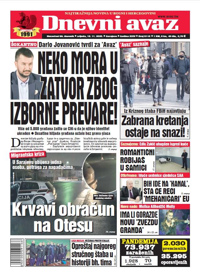 Današnja naslovnica "Dnevnog avaza" - Avaz