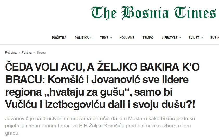 Latićev portal "The Bosnia Times" brutalno komentirao Željka Komšića