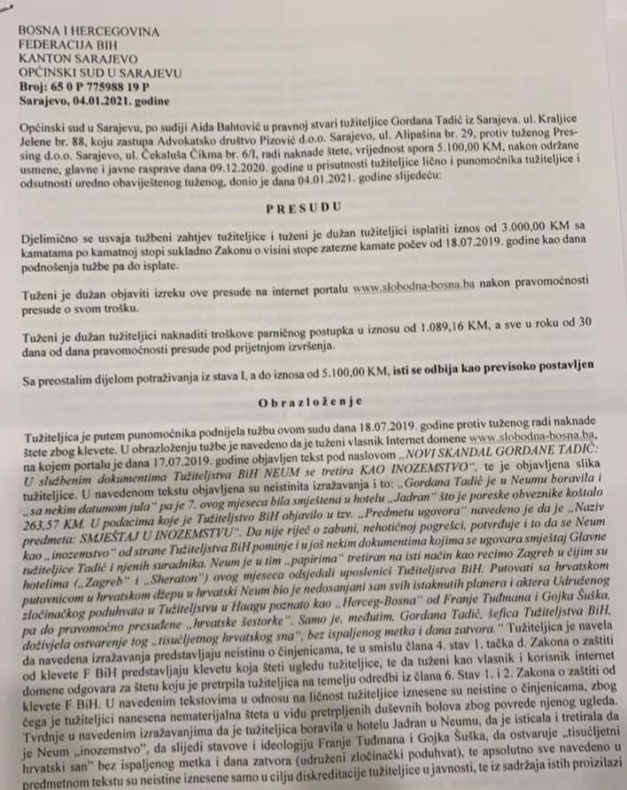 Faksimil presude Općinskog suda u Sarajevu od 4.januara ove godine - Avaz