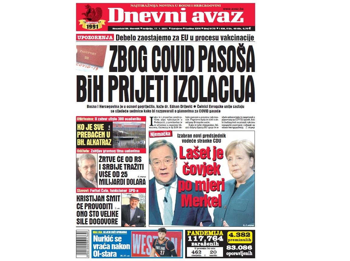 Danas u "Dnevnom avazu" čitajte: Zbog Covid pasoša BiH prijeti izolacija