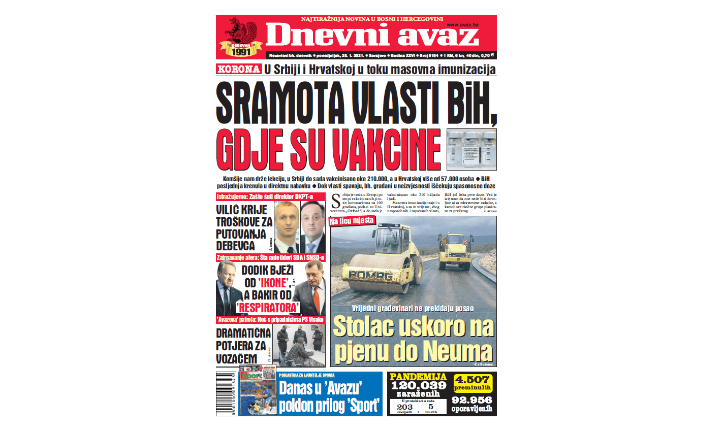 Danas u "Dnevnom avazu" čitajte: Sramota vlasti BiH, gdje su vakcine