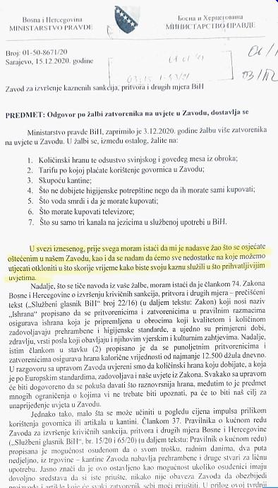 Facsimile of Minister Grubeša's response to the prisoner's complaint - Avaz