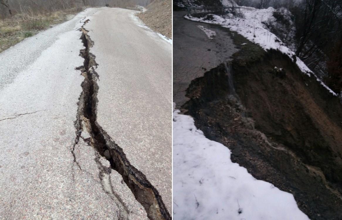 Klizište na putu Foča - Šćepan Polje, cesta napukla, velika provalija prema Drini