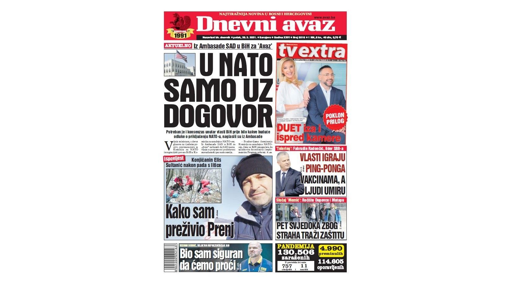 Danas u "Dnevnom avazu" čitajte: U NATO samo uz dogovor