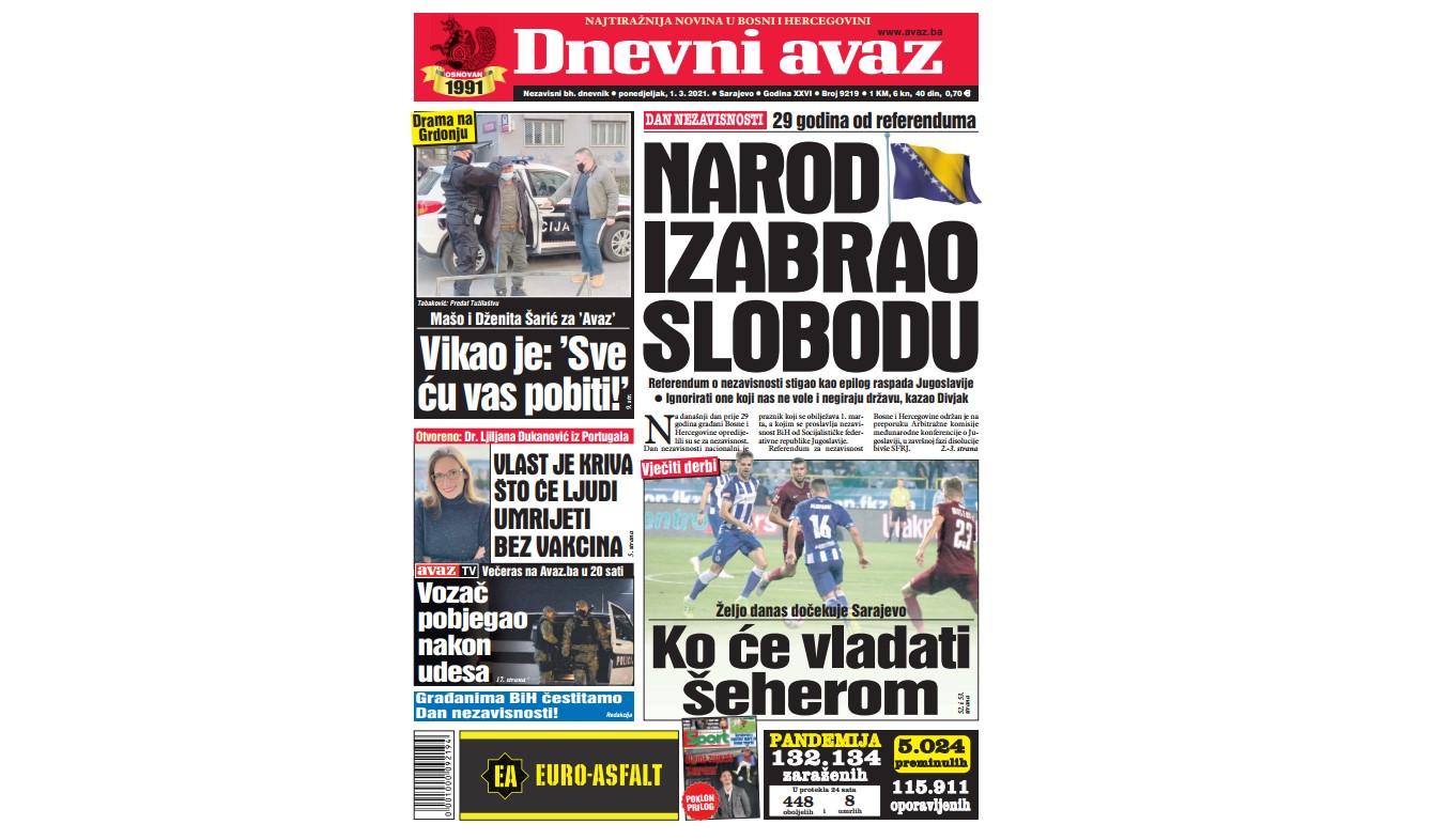 Danas u "Dnevnom avazu" čitajte: Narod izabrao slobodu