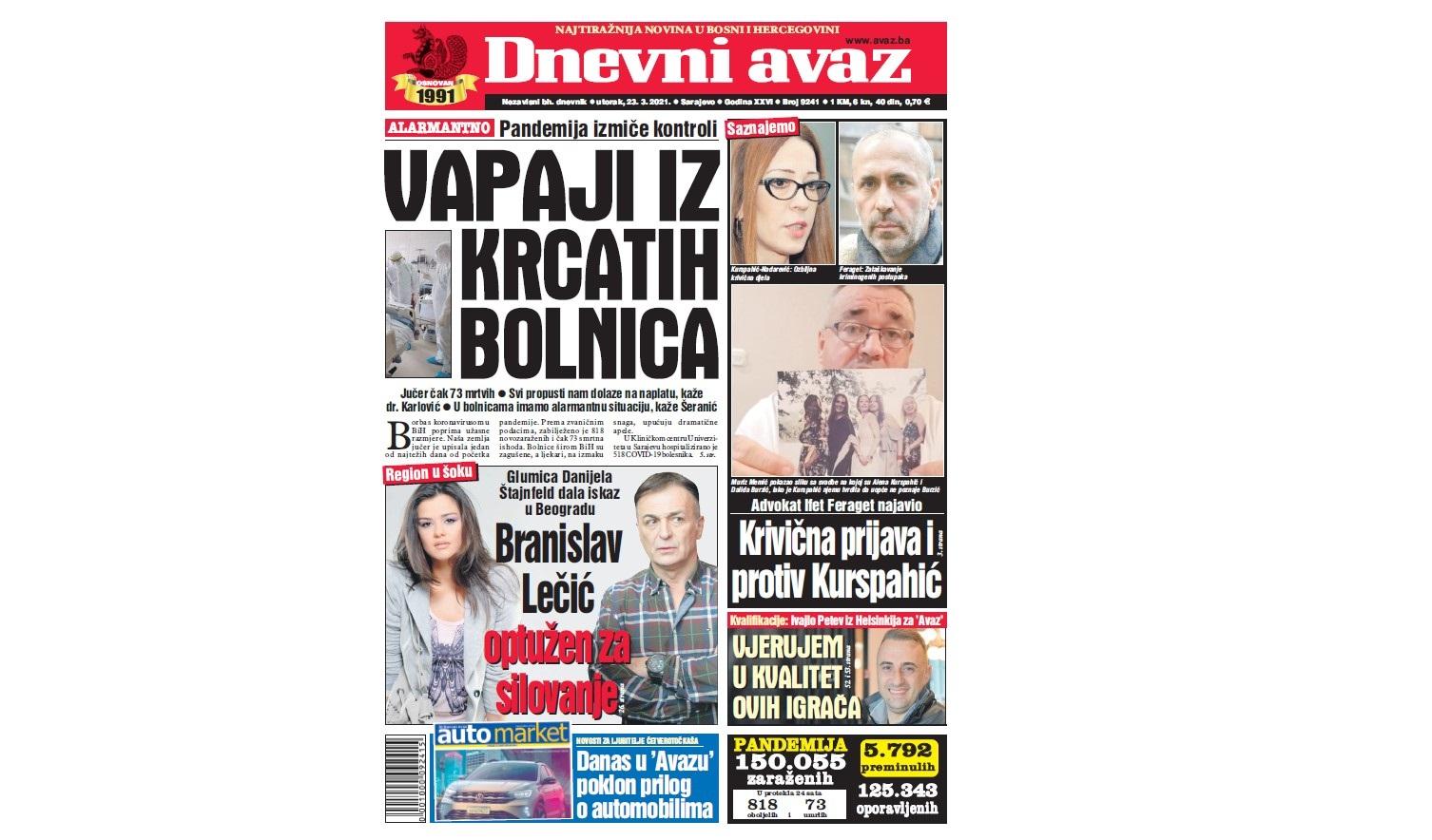 Danas u "Dnevnom avazu" čitajte: Vapaji iz krcatih bolnica