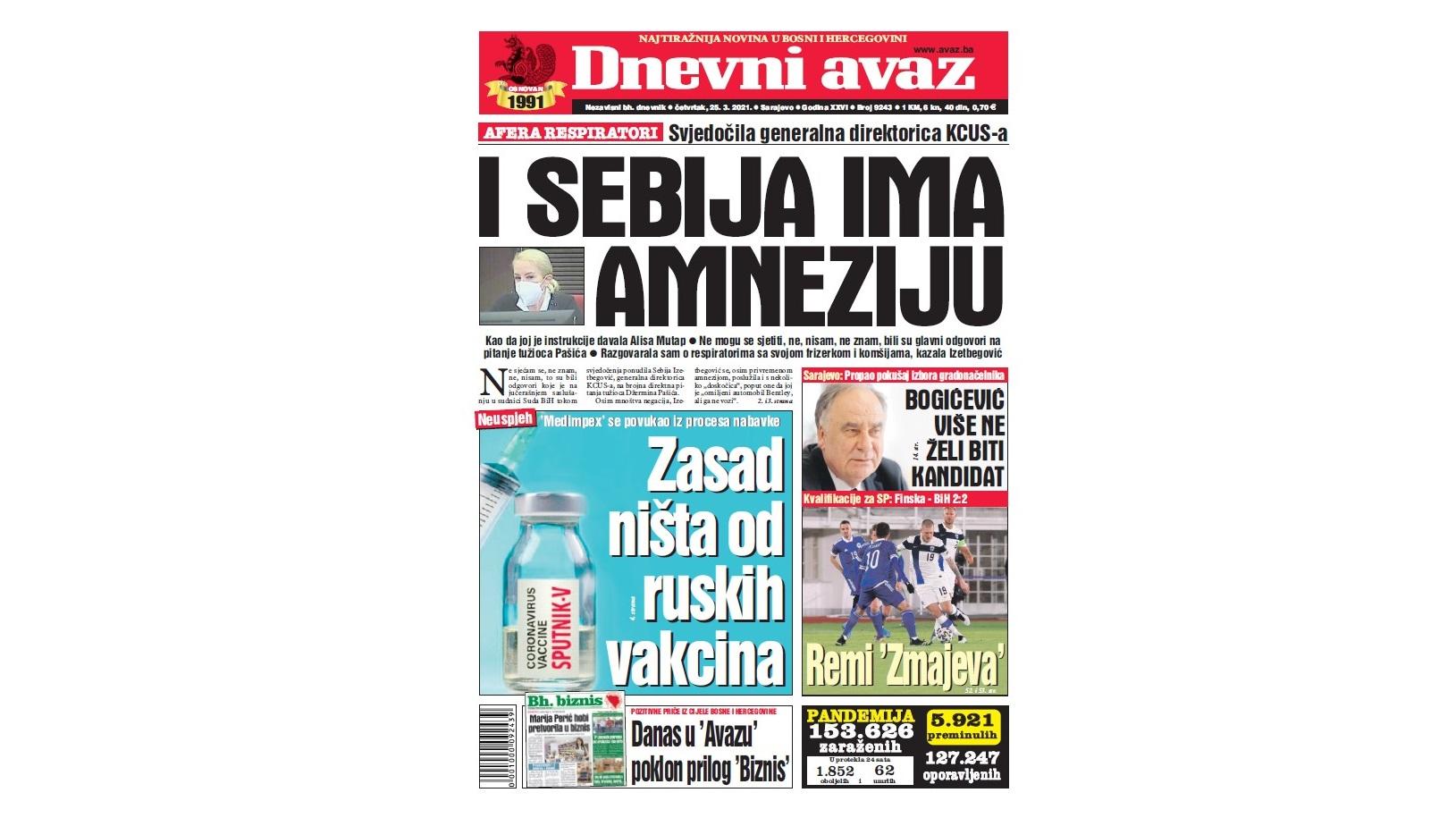 Danas u "Dnevnom avazu" čitajte: I Sebija ima amneziju