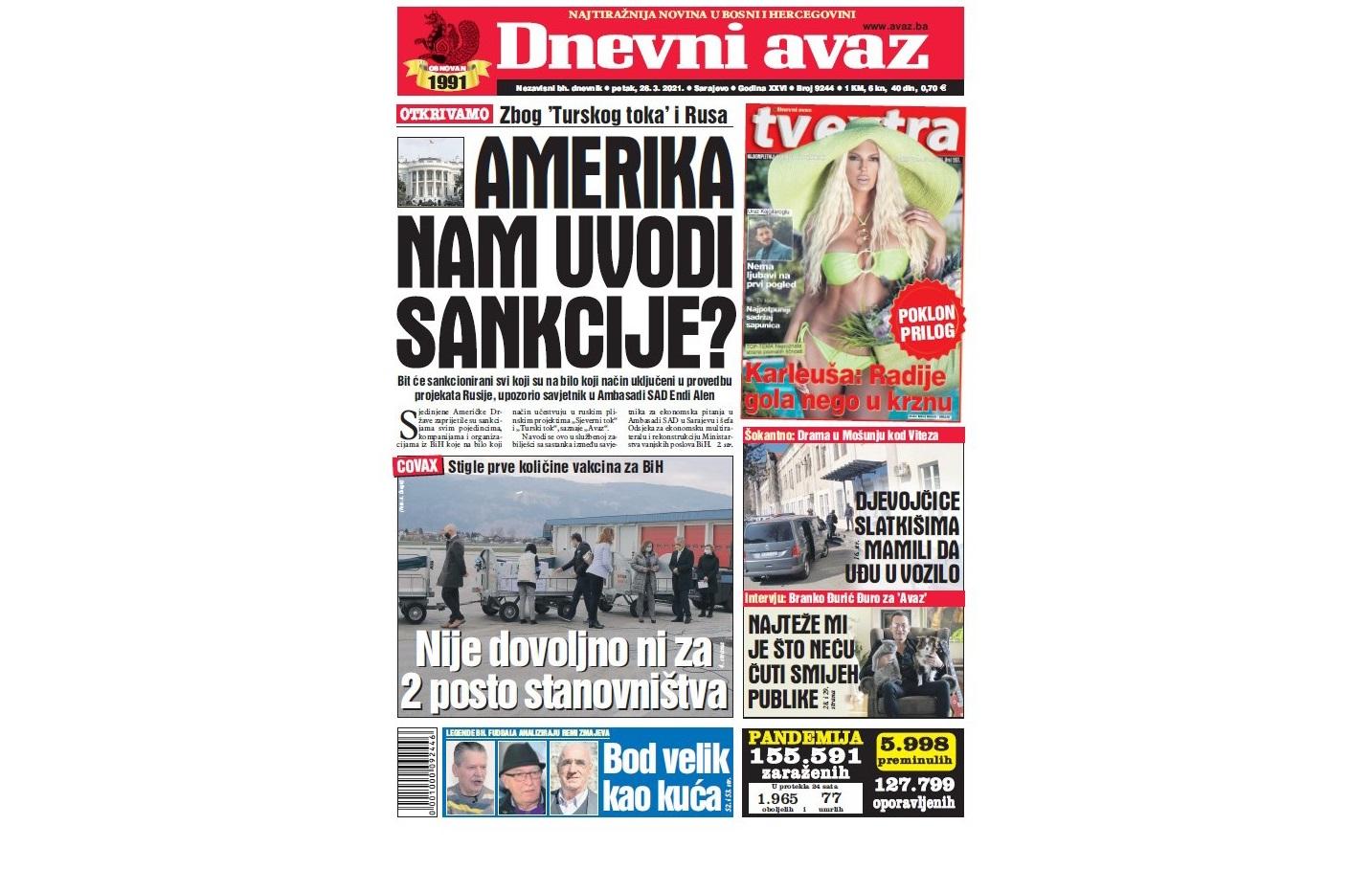 Danas u "Dnevnom avazu" čitajte: Amerika nam uvodi sankcije?