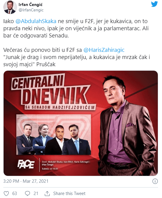 Čengić se oglasio na Twitteru - Avaz