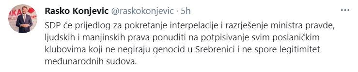 Objava Konjevića na Twitteru - Avaz