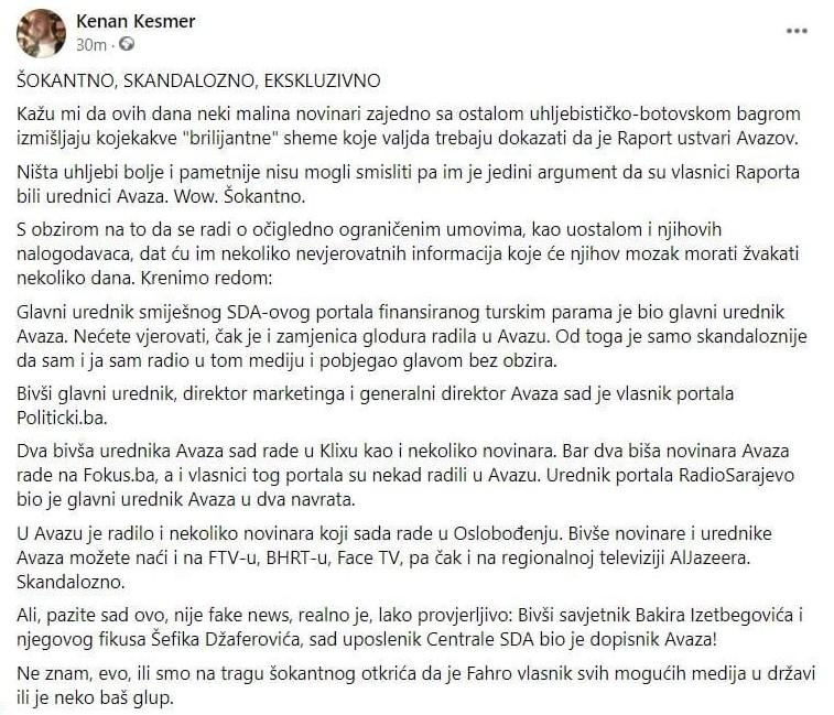 Status Kešmera na Facebooku - Avaz