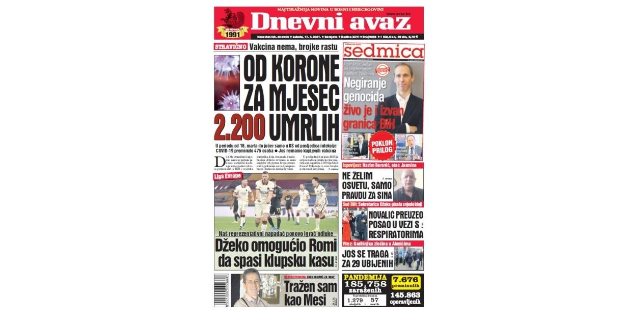 Danas u "Dnevnom avazu" čitajte: Od korone za mjesec 2.200 umrlih