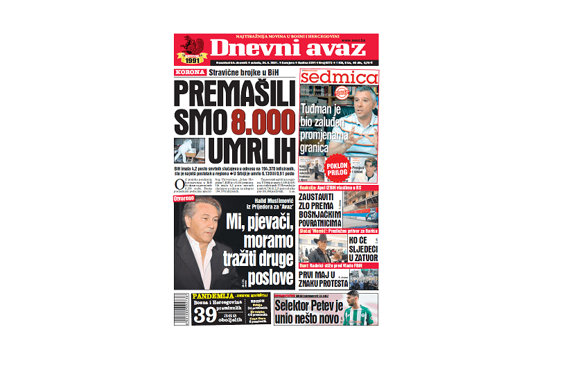 Danas u "Dnevnom avazu" čitajte: Premašili smo 8.000 umrlih