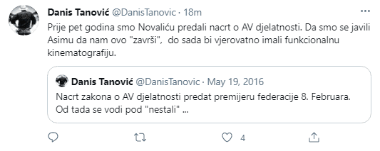 Objava Danisa Tanovića na Twitteru - Avaz