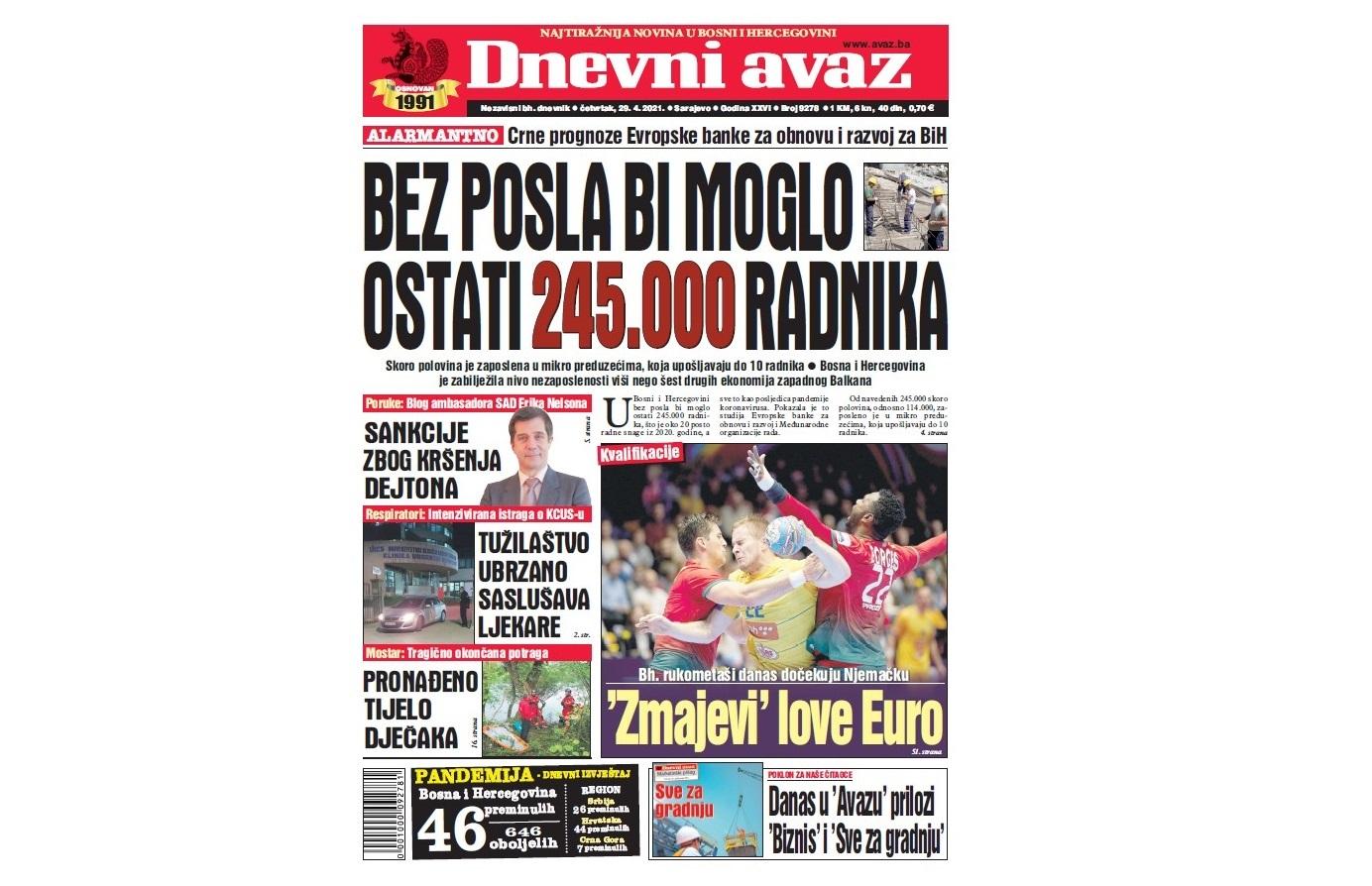 Danas u "Dnevnom avazu" čitajte: Bez posla bi moglo ostati 245.000 radnika