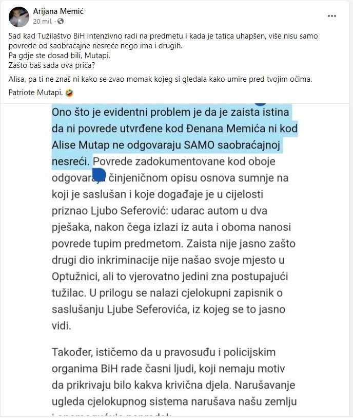 Faksimil objave Arijane Memić - Avaz