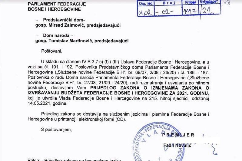 Faksimil Prijedloga zakona o izmjenama Zakona o izvršenju budžeta FBiH za 2021. - Avaz