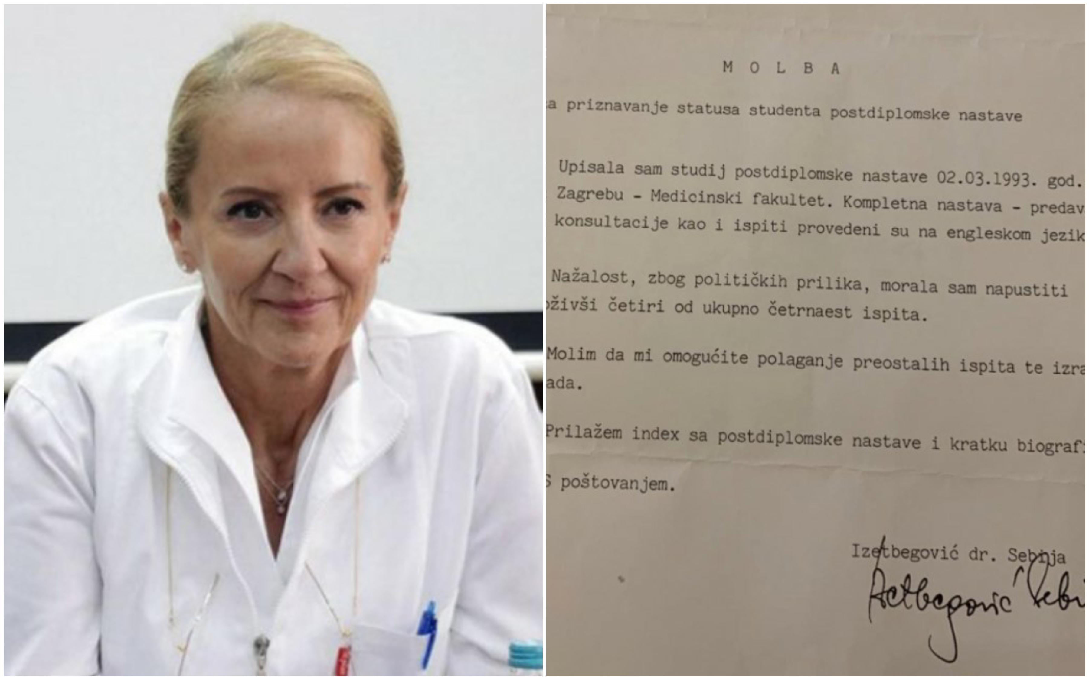 Faksimil molbe koju je Sebija uputila Vijeću za naučnoistraživački rad i postdiplomski studij u kojoj tvrdi da je deset ispita položila i traži da joj se omogući polaganje preostala četiri ispita - Avaz