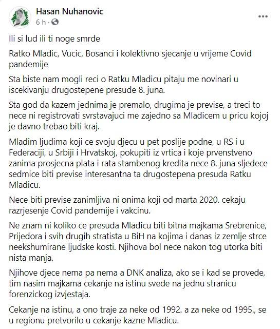 Objava Nuhanovića na Facebooku - Avaz