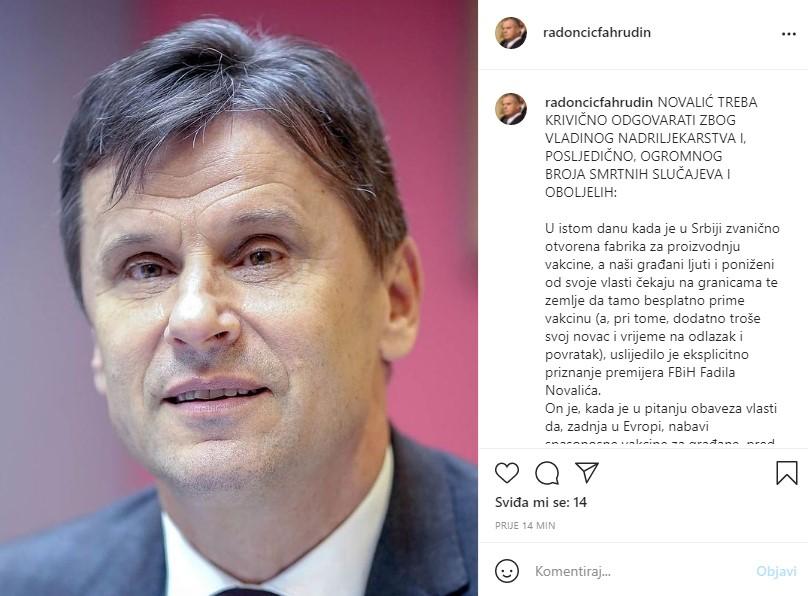 Fahrudin Radončić's post on Instagram - Avaz