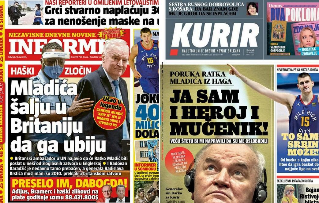 Štampa u Srbiji i sutra o zlikovcu Mladiću: "Šalju ga džihadistima da ga ubiju, osuđen zbog greške u prijevodu"