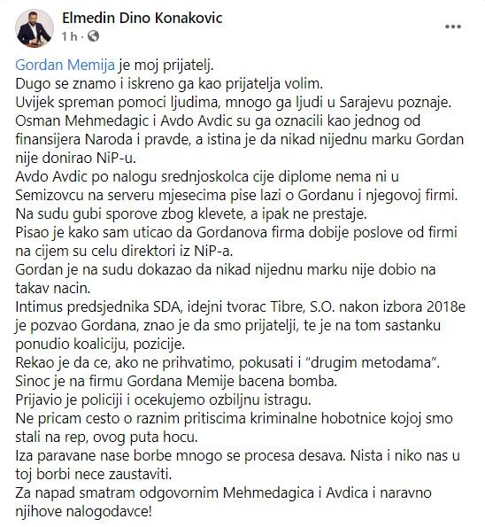 Objava Konakovića na Facebooku - Avaz