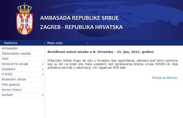 Objava na stranici Ambasade Srbije - Avaz